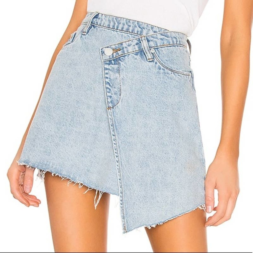 BlankNYC Asymmetrical Jean Skirt Size 27 Denim Mini Raw Frayed Hem Distressed